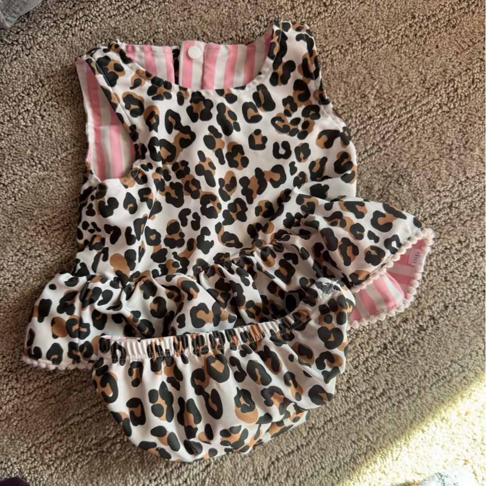 Leopard Print and Pink Strip reversible two piece bathing suit. Mud Pie.